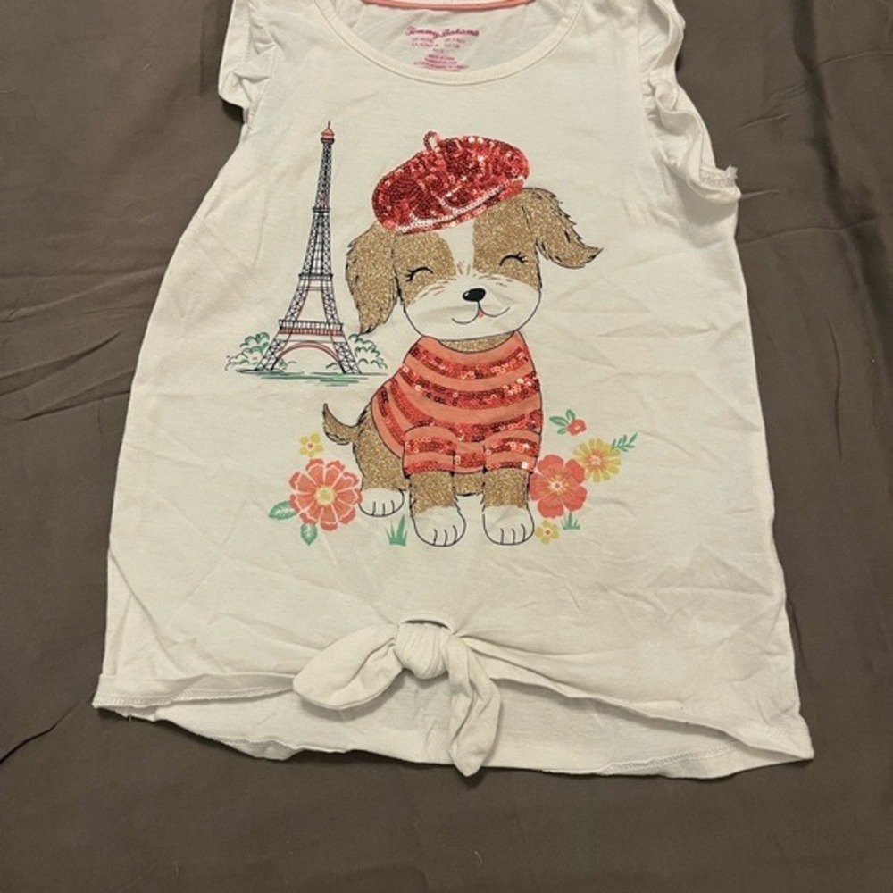 Tommy Bahama‎ Girls White Paris Puppy Sequin Tie Front Ruffle Top Size M 7/8